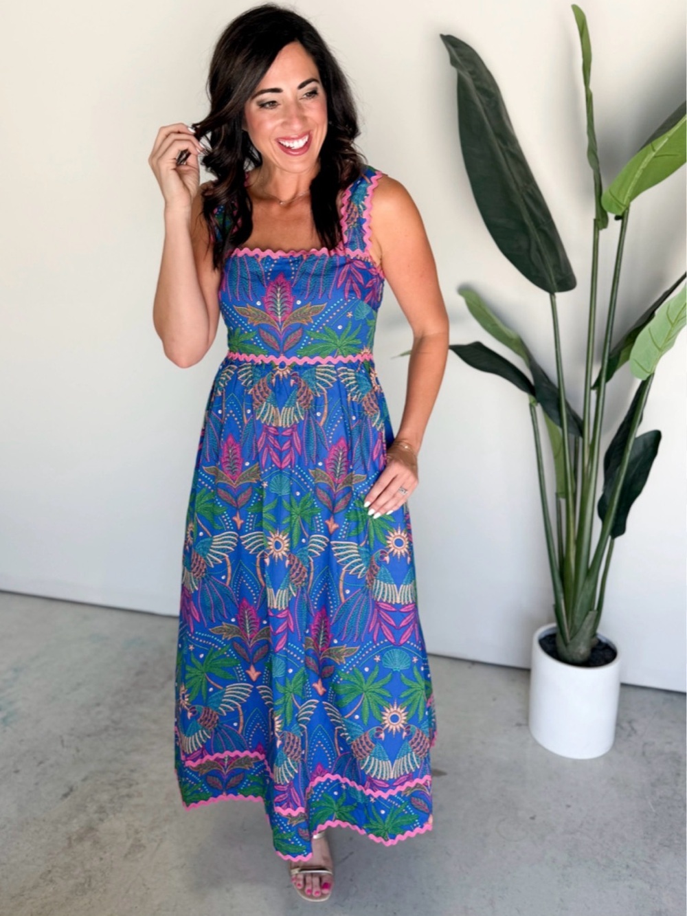 Sugarlips Blue Green Floral Midi Dress with Pink Trim - Picture 8 of 9